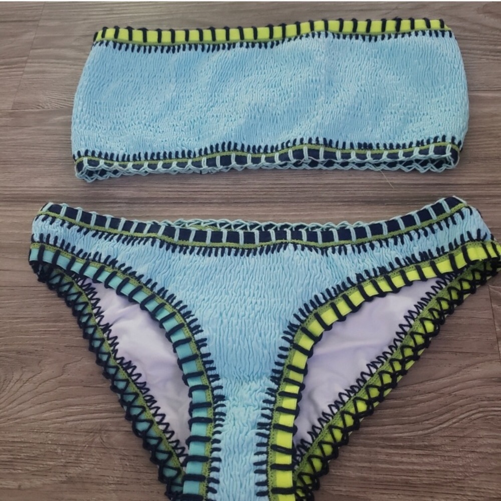 PilyQ Platinum Smocked Crochet Trim Bandeau Bikini